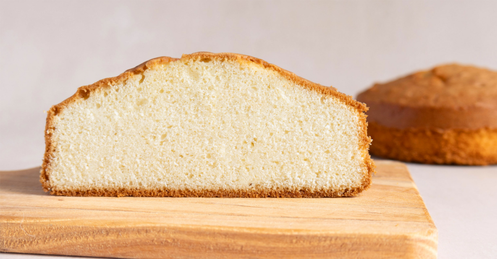 A bright round sponge cake that has been sliced, showing a SALP baking alternative