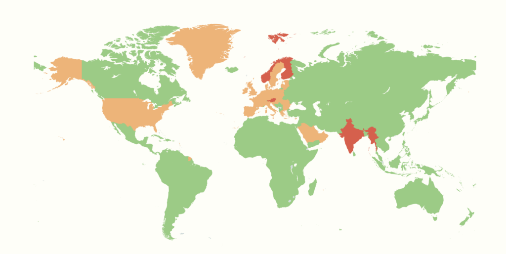 a 2d world map showing where synthetic colours are banned or restricted